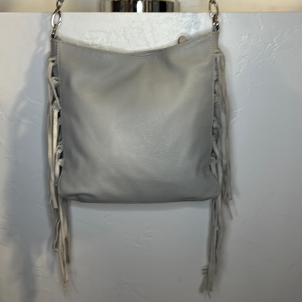 Expressions NYC gray vegan leather fringe bag